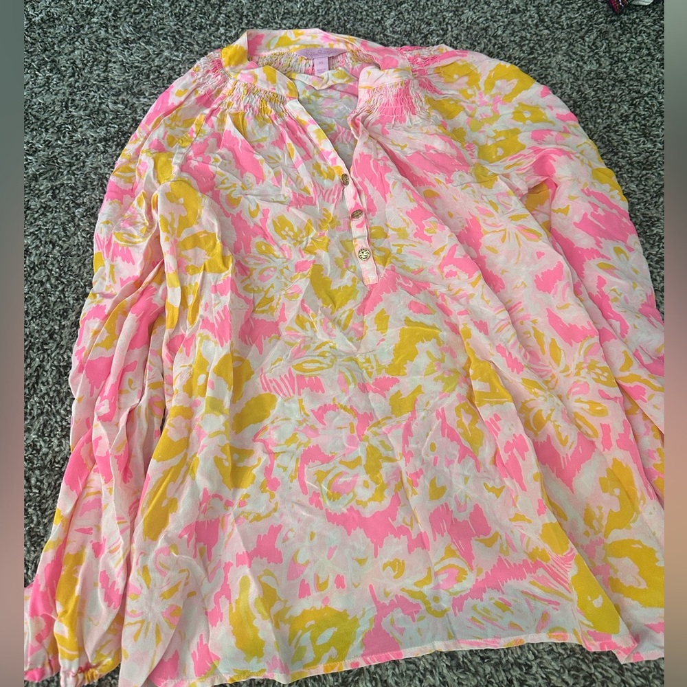 Lilly Pulitzer Sz XS Elsa Ooh La La Pink Yellow Floral Silk Blouse Top